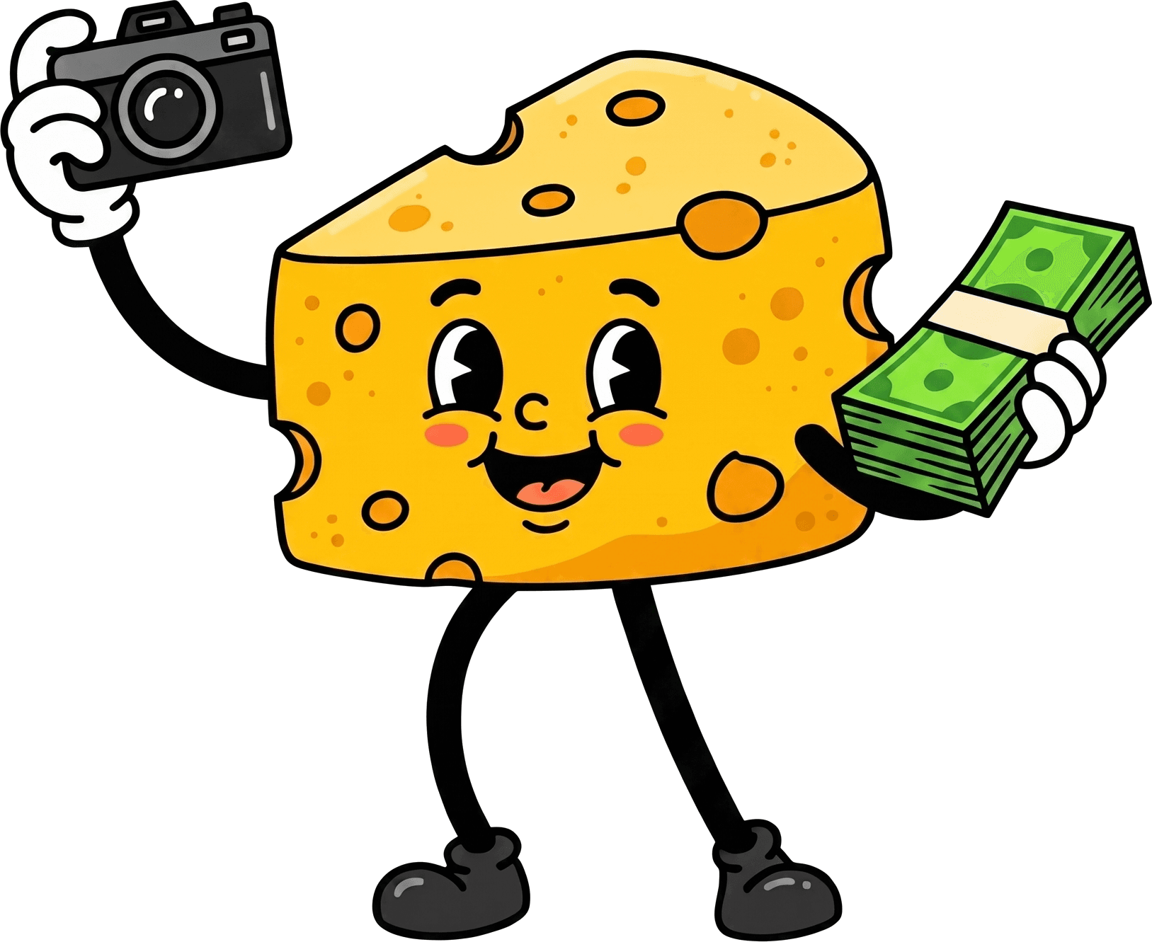 Cheese mascot holding a camera and a stack of cash